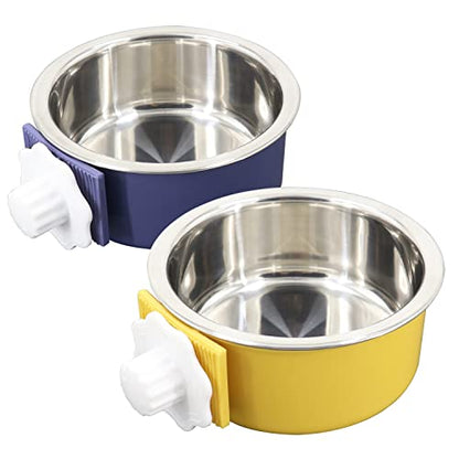 Dog Crate Bowl, Hanging Stainless Steel Removable Pet Crate Water & Food Bowls, Pet Cage Feeder Container Coop Cup for Cat Puppy Birds Rats Guinea Pigs Rabbit Hamster (2PCS) - color: (Round) Dark Blue/Yellow