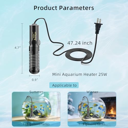 HiTauing Small Aquarium Heater 25W, Constant Temperature 78℉ Fish Tank Heater with Digital Thermometer, Submersible Betta/Turtle Tank Heater for Freshwater and Saltwater Tanks