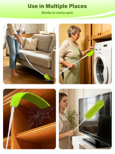 Bend-Free Gap Dust Cleaner Cleaning Tools Washable Flat Duster Brush with 4 Microfiber Chenille Dusting Cloths Long Handle 56 inches for Cleaning Under Appliances Furniture Couch Bed Fridge