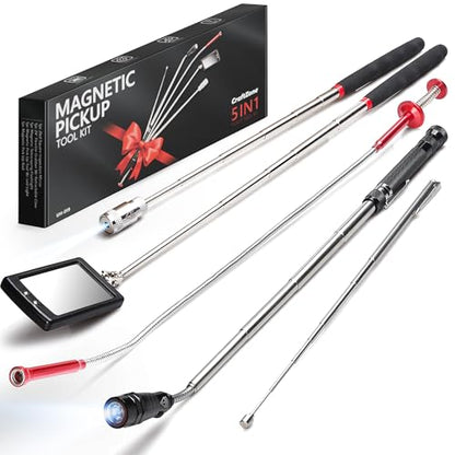 Telescoping Magnetic Pickup Tool Set | Inspection Mirrors and Four Claw Grabber Tool | Flexible LED Flashlight | Magnet Stick | Cool Gadgets for Men | Gifts for Husband