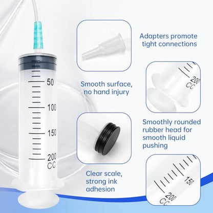 200cc Plastic Syringe - Large Syringe for Liquid with 40" Tubing, Syringes for Liquid, 4 Pack - size: 200ml