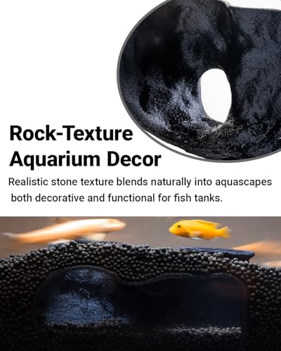 Dual-Entrance Rock-Texture Cave – Fish Tank Shelter & Aquarium Decor with 2 Tunnels, 6×3.4×2.3in (Black) - color: Black