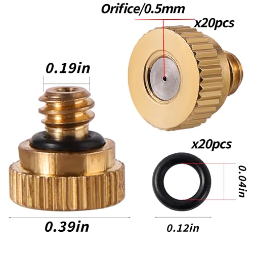 20 Pack Brass Misting Nozzles 10/24 UNC 0.020" (0.5mm) Orifice | Fine Mist Atomizing Nozzles with 20Pcs O-Rings For Patio Outdoor Cooling System, Greenhouse & Dust Control - size: 20pc-Misting Nozzle With O Ring