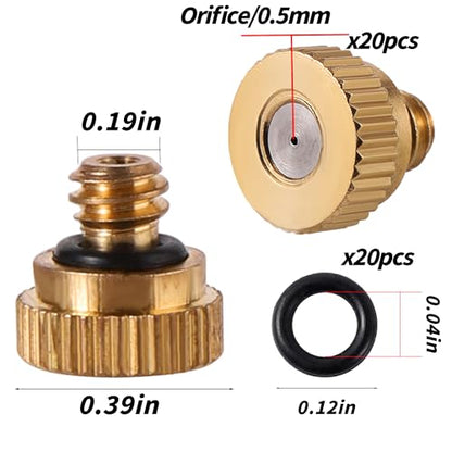 20 Pack Brass Misting Nozzles 10/24 UNC 0.020" (0.5mm) Orifice | Fine Mist Atomizing Nozzles with 20Pcs O-Rings For Patio Outdoor Cooling System, Greenhouse & Dust Control - size: 20pc-Misting Nozzle With O Ring
