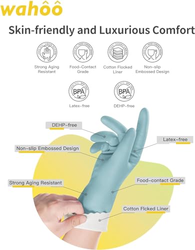 LANON wahoo Cleaning Gloves with Cotton Flocked Liner, Surf Spray, Small | Dishwashing, Latex Free, Skin-Friendly, Dishes Washing, Reusable, DEHP-Free, Non-Slip, Household Kitchen Gloves - size: Small