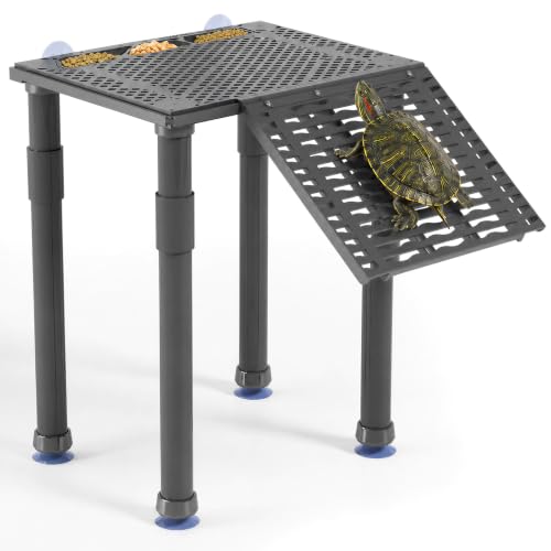 Upgraded Standing Turtle Basking Platform with Ramp, Built-in Feeding Tray | Adjustable Height, No Zip Ties, Non-Slip Ramp, Stable & Secure Turtle Dock for 30+ Gallon Aquariums (Fits Tanks 12+ In Wide) - size: 10 × 7.9 inch