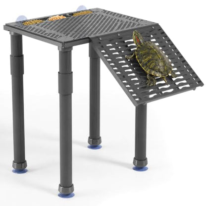 Upgraded Standing Turtle Basking Platform with Ramp, Built-in Feeding Tray | Adjustable Height, No Zip Ties, Non-Slip Ramp, Stable & Secure Turtle Dock for 30+ Gallon Aquariums (Fits Tanks 12+ In Wide) - size: 10 × 7.9 inch