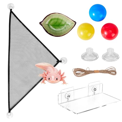 3 in 1 Axolotl Habitat Enrichment Set, Resting Feeding Holder | Mesh Hammock, Clear Platform with Suction Cup, Ceramic Dish, Floating Toy Balls, Axolotl Tank Decor Accessories