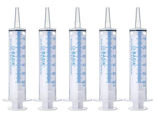 BASIK 60ml Enteral Feeding Syringe Cath Tip 60cc Silicone O-ring Tube Feeding With Caps Craft and Garden Syringe Pet Feeding 5/pack | Reusable Silicone O-Ring Plunger Can Be Reused Without Sticking