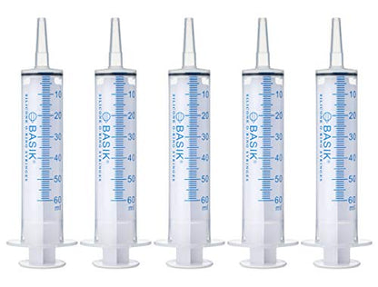 BASIK 60ml Enteral Feeding Syringe Cath Tip 60cc Silicone O-ring Tube Feeding With Caps Craft and Garden Syringe Pet Feeding 5/pack | Reusable Silicone O-Ring Plunger Can Be Reused Without Sticking