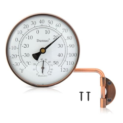 4-Inch Brass Outdoor Thermometer & Humidity Gauge, Analog Dial | Weatherproof Battery-Free Analog Hygrometer, °F/°C Dual Scale, Adjustable Swivel Bracket for Patio, Window & Greenhouse - size: 4inch thermo&hygrometer