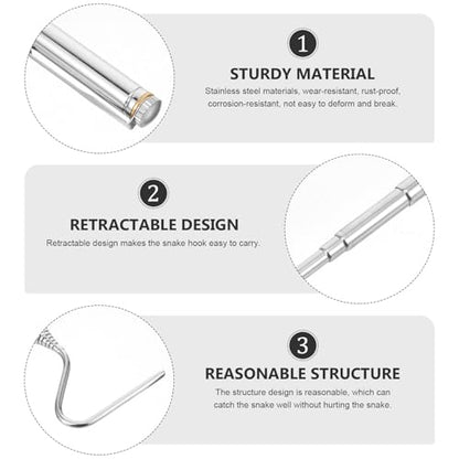 HOMSFOU Stainless Steel Retractable Snake Hook Reptile Catcher with Telescopic Long Handle for Safe Snake and Lizard Handling in Reptile Care