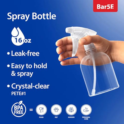 Bar5F Empty Clear Spray Bottle, 16 Oz, Pack of 3 | Adjustable Head Sprayer, Fine to Stream, Natural