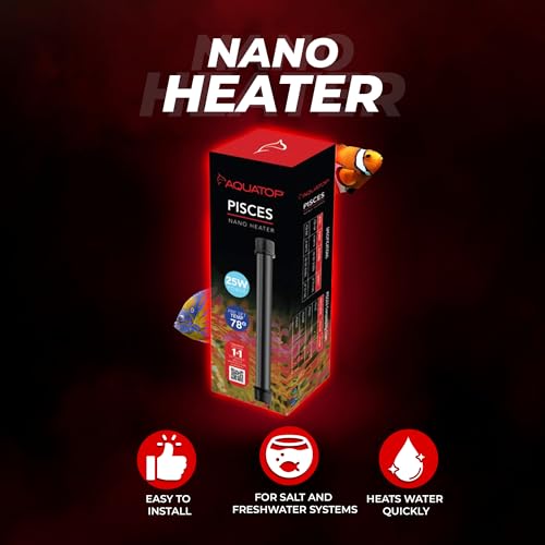 Aquatop 25W Pisces Nano Heater – Fully Submersible for Nano Fish Tanks Up to 8 Gal – Preset 78°F – Heat-Resistant Water Heater for Small Aquariums - size: 25W