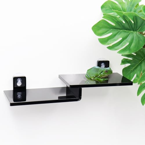 Frog Basking Platform with Suction Cup, Black Acrylic Double Ledge Platform for Reptile, Tank and Aquarium Accessories for Small Animals Tree Frogs Crested Gecko Lizards Axolotl - 7.3 x 2.4 x 1 Inch