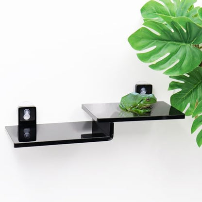 Frog Basking Platform with Suction Cup, Black Acrylic Double Ledge Platform for Reptile, Tank and Aquarium Accessories for Small Animals Tree Frogs Crested Gecko Lizards Axolotl - 7.3 x 2.4 x 1 Inch