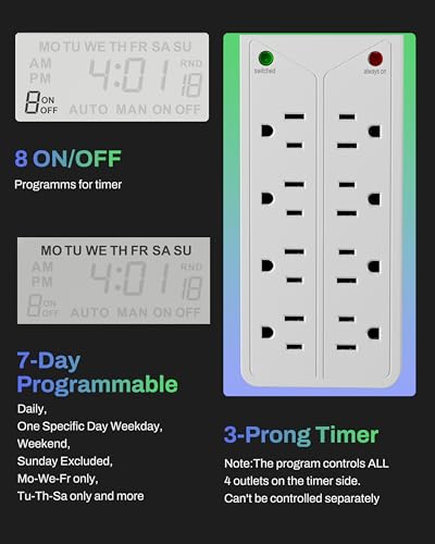 BN-LINK 8 Outlet Surge Protector with 7-Day Digital Timer (4 Outlets Timed, 4 Outlets Always On) - White | Power Strip Timer with 4 Timed & 4 Always-On Outlets, Indoor Light Timer for Aquarium, Grow Lights, Christmas Decor, 4FT Cord