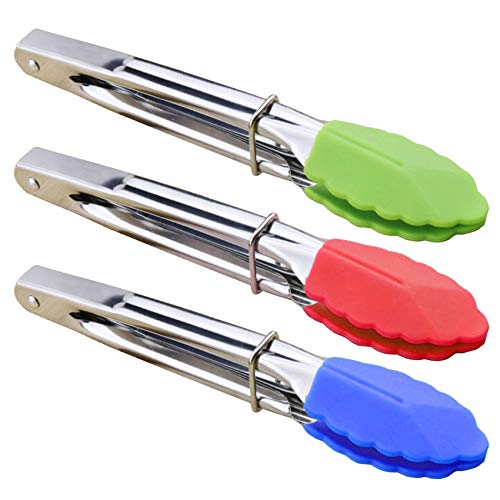 HINMAY 7-Inch Mini Tongs with Silicone Tips, Set of 3 (Green Red Blue) | 7-Inch Serving Tongs - color: Red Blue Green