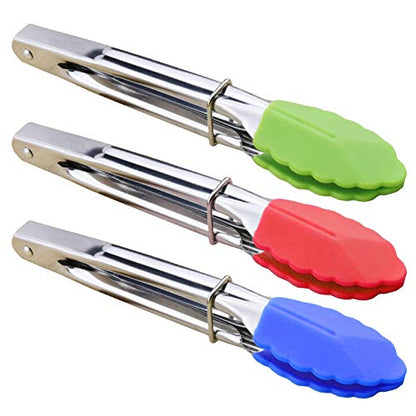 HINMAY 7-Inch Mini Tongs with Silicone Tips, Set of 3 (Green Red Blue) | 7-Inch Serving Tongs - color: Red Blue Green