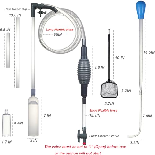 Aquarium Siphon Vacuum Kit with Turkey Baster, Fish Net for Tank Cleaning | Dual Vacuum Tubes; Brush Head; Gravel & Sand Cleaning; Water Change; Debris Removal; Flow Control Valve