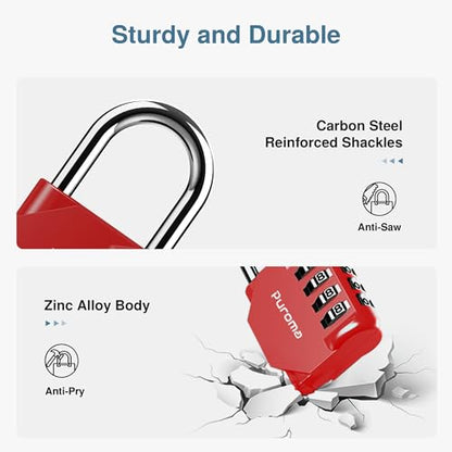 Puroma 1 Pack Combination Lock Locker 4 Digits Combo Padlock Gym Red | For School Gate Fence Toolbox Hasp Storage, Outdoor, Resettable, Weatherproof, Side Window, Crack Cut Resist, Hardened Steel - color: Red