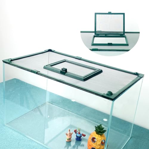 Magnetic Fish Tank Cover with Feeding Window Green Frame Grey Fiberglass Mesh, DIY Fish Tank Lid Adjustable Size Fit Tank Size Max 35''X19'' for Preventing Fish from Jumping Out and Reptile Escaping - color: Green frame fiberglass net(with a feeding windo