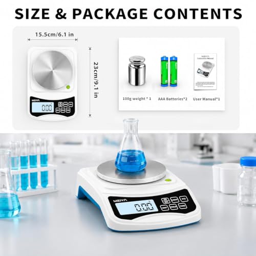 MEIYA Digital Lab Scale, 1000g by 0.01g Gram Scale Accuracy, Multi-Function High Precision Electronic Scale (Includes 100g Weight and 2 x AAA Batteries) Balance Scale Approved by EU CE and US FCC
