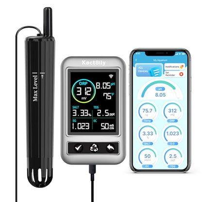 Long-Range WiFi Aquarium Water Quality Monitor – 7 Parameter Digital Aquarium Water Tester for pH ORP EC TDS Salinity SG Temp, Freshwater & Saltwater Tanks - color: Jet Black & Metal Gray