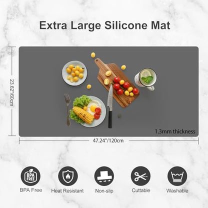 Silicone Mats for Kitchen Counter, Treerit 47.24"x 23.62" Extra Large Silicone Mat, Non-slip Heat Resistant Kitchen Counter Mat, Quartz Countertop Protector, Shipped Rolled Up, No Creases, Gray - color: Gray