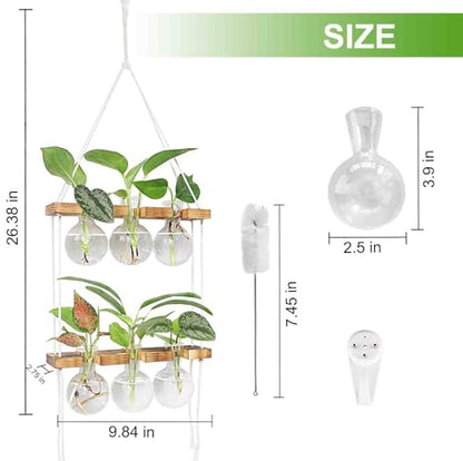 Plant Propagation Station Wall Hanging with 2 Tiered Wooden Stand | Plant Terrarium for Hydroponics Plants, Unique Gardening Gifts for Women Mom Plants Lovers - 6 Bulb Glass Vases - size: 2 Tiers - 6 Vases