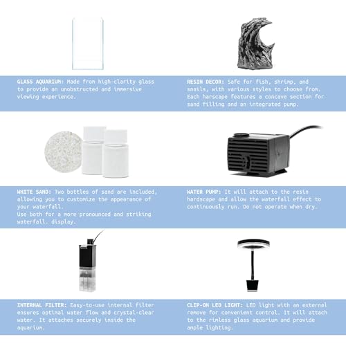Sand Waterfall Tank Kit - Silent Operation Falling Sand Fish Tank w/LED Light and Self Cleaning Filtration - Desktop Rimless Starter Aquarium Kit, Just Add Plants - 3.38GAL | 12.8L (A1) - size: A1 (20CM)