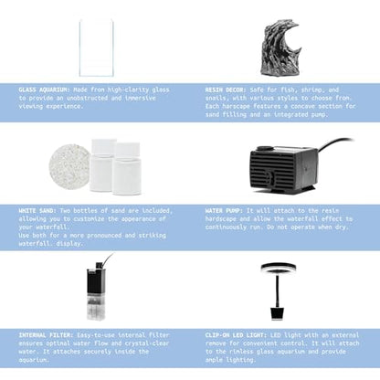 Sand Waterfall Tank Kit - Silent Operation Falling Sand Fish Tank w/LED Light and Self Cleaning Filtration - Desktop Rimless Starter Aquarium Kit, Just Add Plants - 3.38GAL | 12.8L (A1) - size: A1 (20CM)