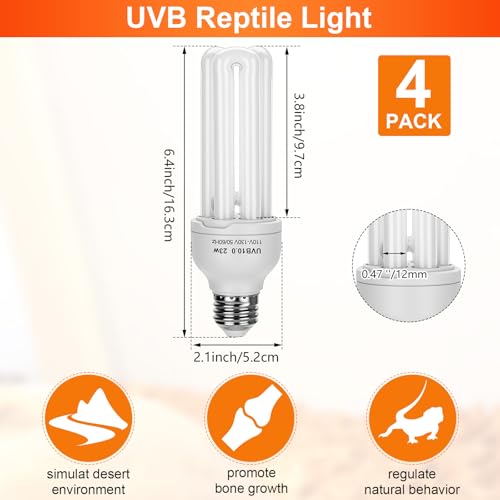 4 Pack UVB Reptile Light Bulb 23w 10.0 UVB Bulb for Desert Reptiles Pet Light for Turtle Compact Fluorescent Terrarium Lamp for Bearded Dragon, Lizard, Tortoise, Iguanas, Snake, Gecko
