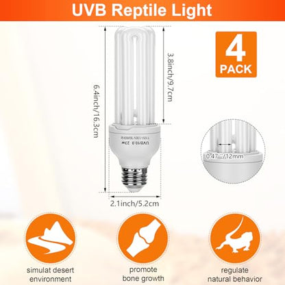 4 Pack UVB Reptile Light Bulb 23w 10.0 UVB Bulb for Desert Reptiles Pet Light for Turtle Compact Fluorescent Terrarium Lamp for Bearded Dragon, Lizard, Tortoise, Iguanas, Snake, Gecko