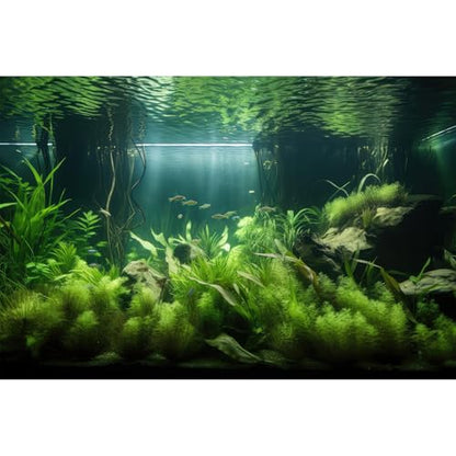 Underwater Aquarium Background Lush Green Aquatic Plants with Sunbeams Fish Tank Background Underwater Rooted Species Stone with Moss Tropical Fish Terrarium Background Vinyl 24x12in - color: Light Green, size: 24(W)x12(H)in
