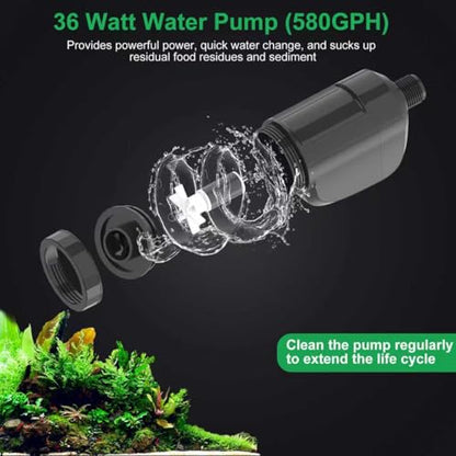 Electric Aquarium Gravel Cleaner, 36W 580 GPH Water Changer and Filter | Adjustable flow, 15 cm telescopic tube, 1.5 m hose, reusable sponge, low-water cleaning, and tool-free assembly