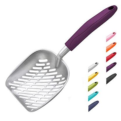 Cat Litter Scoop, Aluminum Alloy Sifter, Kitty Metal Scooper, Deep Shovel with Diagonal Sifting Hole, Long Handle, Kitten Poop Lifter for Litter Box, Large Size, Violet Handle - color: #07 Violet, size: Large