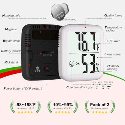 2 Pack Room Thermometer Indoor Hygrometer | Monitor Temperature & Humidity, Accurate, Fast Read, Easy To View, Magnetic/Kickstand/Hanging, ℉/℃, w/ Battery, Compact - color: 2 Pcs* Black & White