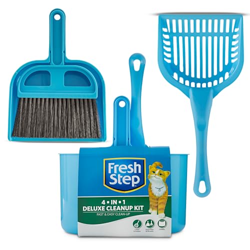 Fresh Step 4-in-1 Deluxe Litter Cleanup Kit - Cat Scoop, Broom, Dust Pan, and Hanging Caddy, Compatible with Standard Plastic Litter Pans and Disposable Litter Boxes, Blue | Includes scoop, broom, dust pan, and hanging caddy, compatible with standard litt