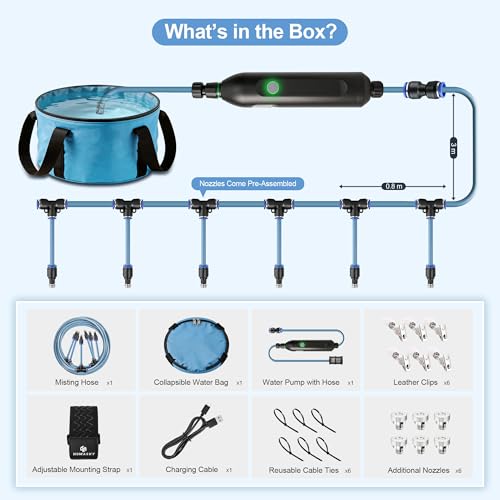 Portable Misting System for Outdoor Cooling, 23 FT Misters for Outside Patio with Rechargeable Pump, 30L Water Bag, 6 Adjustable Nozzles for Tent, Canopy, Backyard, Umbrella and Camping