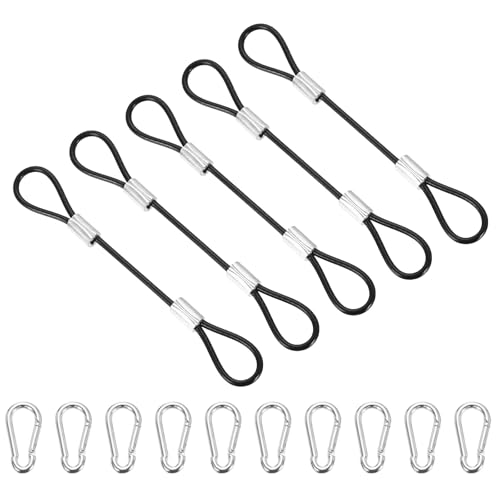 PATIKIL 5 Inch Safety Cable Lock, 5 Pcs 304 Stainless Steel Security Wire Ropes Double Loop Anti-Theft Safety with 10 Spring Buckles for Bicycles Luggage Stage Lighting, Black - color: Black, size: 5 Inch