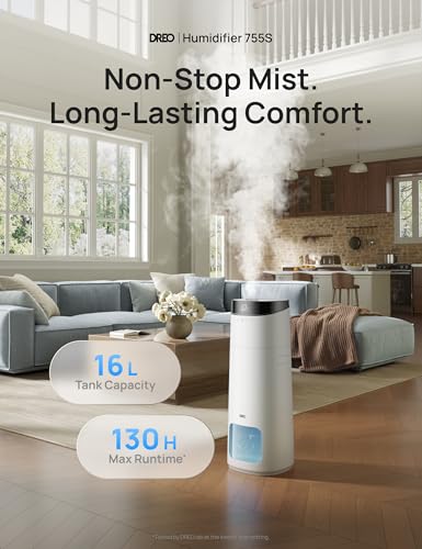 DREO 16L Smart Humidifier Large Room 1000 ft², 130H Runtime, 30dB, Top Fill | Auto Mode, Remote/Touch/Voice & APP Control, Clean Tank Technology, RGB Light, Cool Mist Humidifiers 755S for Bedroom, White - color: White