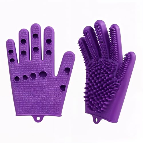 Pet Grooming Gloves for Cats & Dogs – Silicone Hair Removal Glove for Bathing, Shedding & Massage – Gentle Mitt for Long & Short Hair Pets with Drainage System - color: regal purple