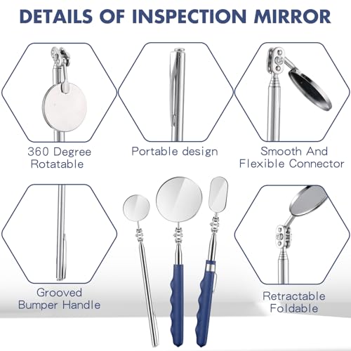 3 Pcs Telescoping Inspection Mirror,50/25/30 mm,Round,Oval,Round | Extendable Mechanic Stainless Steel Mirror with Long Handle Tool for Technicians Mechanics Contractors - size: 50/25/30 mm, style: Round,Oval,Round