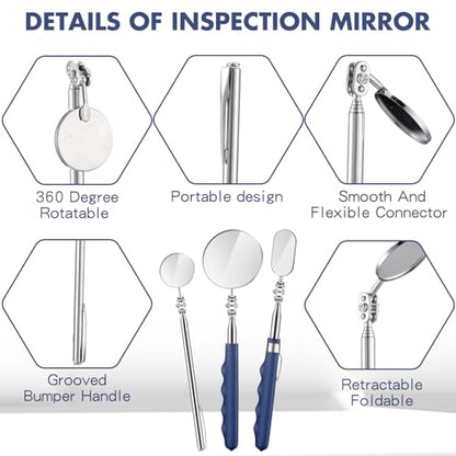 3 Pcs Telescoping Inspection Mirror,50/25/30 mm,Round,Oval,Round | Extendable Mechanic Stainless Steel Mirror with Long Handle Tool for Technicians Mechanics Contractors - size: 50/25/30 mm, style: Round,Oval,Round