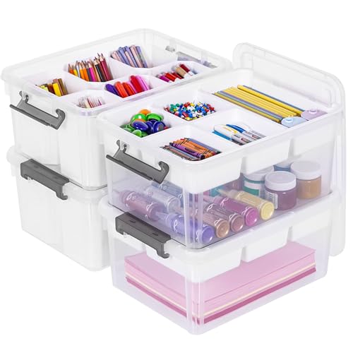 Citylife 17QT 4Packs Clear Craft Organizers and Storage Bins with Lids | Stackable Art Supply Organizer with Tray and 6 Inserts for Markers, Crayons, Pencils, Tools, Playdoh, Coloring Books - size: 17 Qt- 4 Pack- W