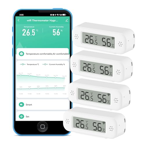 WiFi Thermometer Hygrometer: Smart Temperature and Humidity Sensor, Real-time Monitor, App Notification, Digital Indoor Temperature Sensor, Compatible with Alexa/Google Home(4Pack) - color: 4-Pack