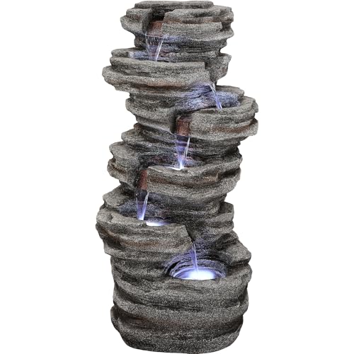 Extra-Large Rock Outdoor Water Fountain with LED Lights | 6-Tier Cascading Waterfall for Garden Patio Porch, Weather-Resistant Polyresin Water Feature for Tranquil Oasis - color: 40"grayish Brown