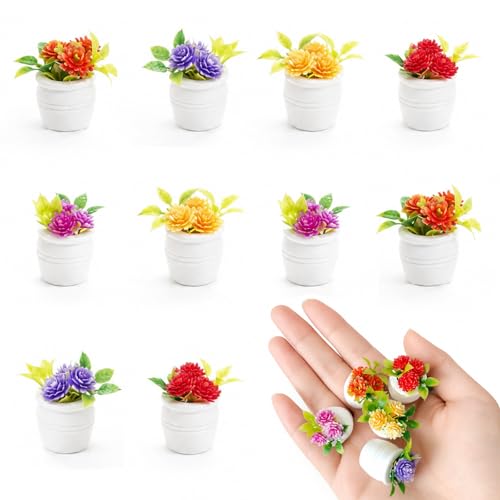 10 Pcs Miniature Potted Plants, 1:12 Scale Dollhouse Mini Artificial Flowers in Pots, 5 Colors Tiny Faux Potted Flowers, Micro Landscape Bonsai Craft Decor for Fairy Garden, Desk, DIY Terrarium - color: Five Colors Plants