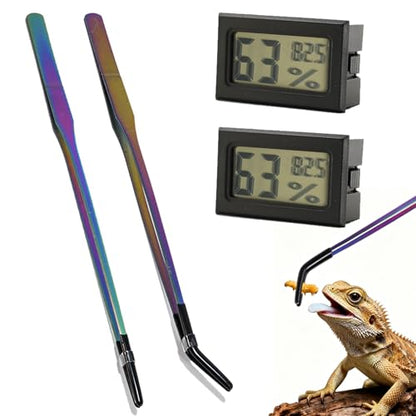 4 Pack Reptile Thermometer and Humidity Gauge & Reptile Feeding Tongs | Bearded Dragon Tank Accessories, Digital Hygrometer and 10.6" Straight & Curved Long Tweezers with Rubber Tips for Lizard
